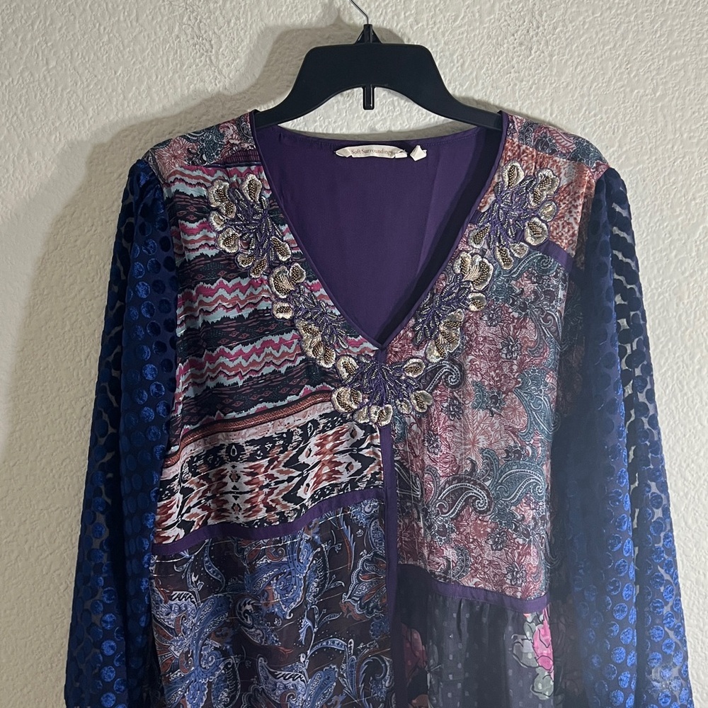 Soft Surroundings Patchwork Floral V-Neck Blouse in Purple and Blue - Picture 7 of 11